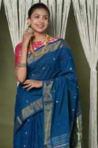 Very Much Indian EXCLUSIVE! Handloom Pure Cotton Paithani With Peacock Pallu - Teal Blue | Grocsy