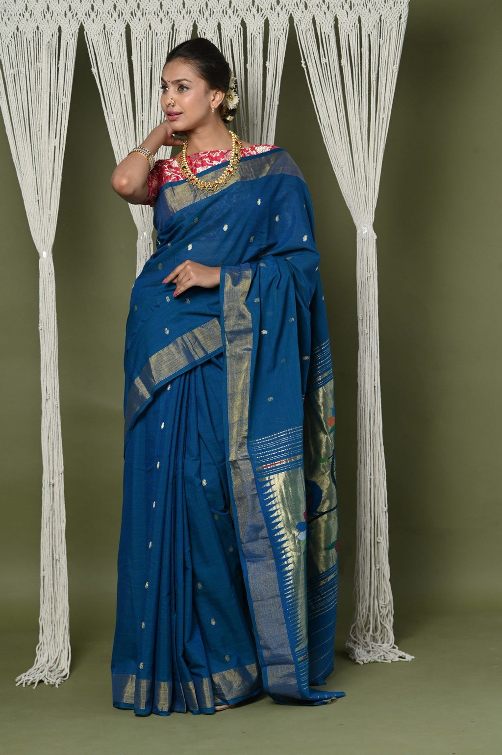 Very Much Indian EXCLUSIVE! Handloom Pure Cotton Paithani With Peacock Pallu - Teal Blue | Grocsy