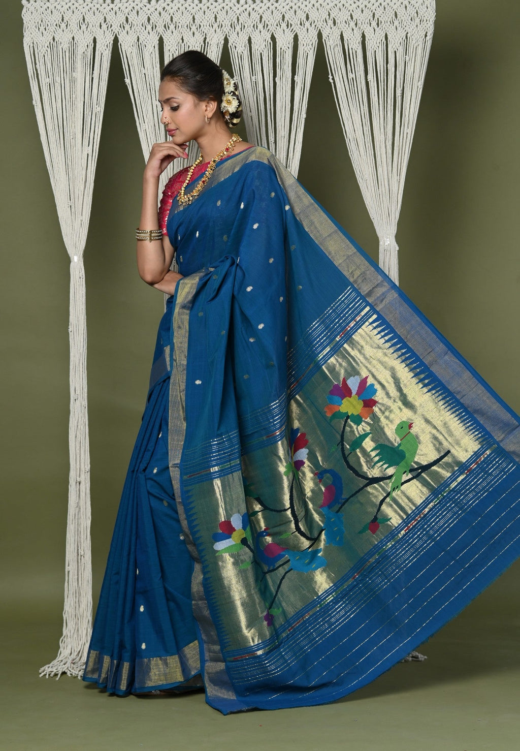 Very Much Indian EXCLUSIVE! Handloom Pure Cotton Paithani With Peacock Pallu - Teal Blue | Grocsy
