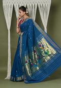 Very Much Indian EXCLUSIVE! Handloom Pure Cotton Paithani With Peacock Pallu - Teal Blue | Grocsy