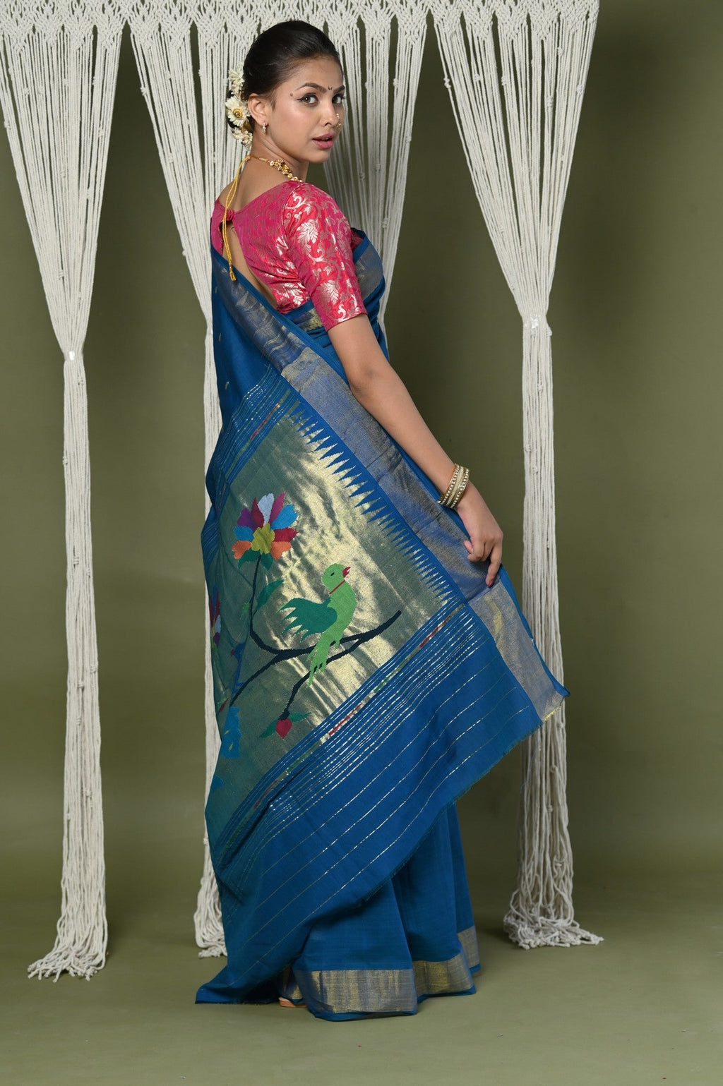 Very Much Indian EXCLUSIVE! Handloom Pure Cotton Paithani With Peacock Pallu - Teal Blue | Grocsy