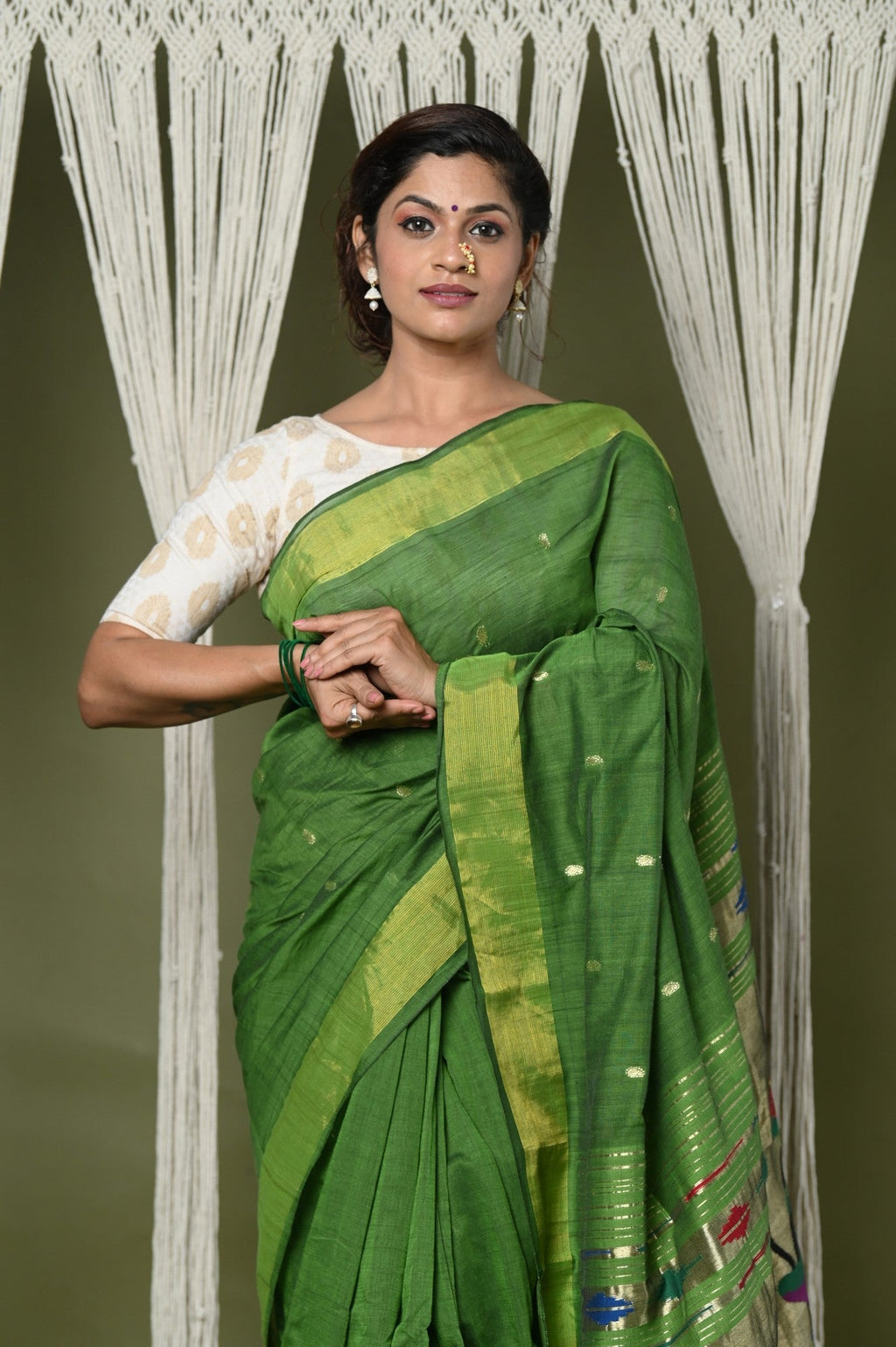 Very Much Indian EXCLUSIVE! Handloom Pure Cotton Paithani With Peacock Pallu - Blade Green | Grocsy