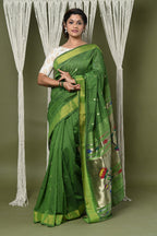 Very Much Indian EXCLUSIVE! Handloom Pure Cotton Paithani With Peacock Pallu - Blade Green | Grocsy
