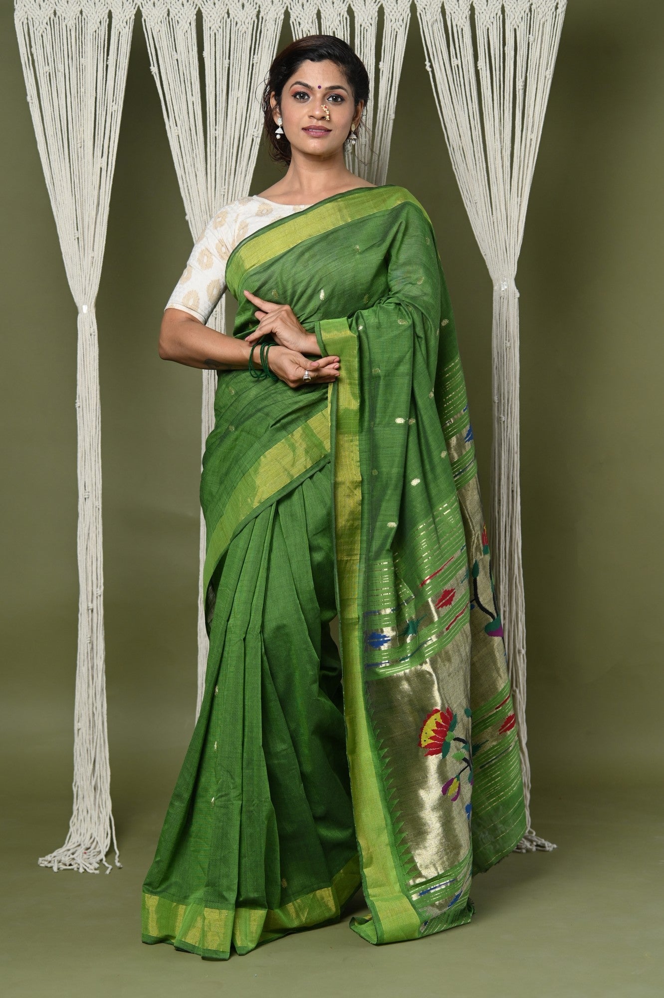 Very Much Indian EXCLUSIVE! Handloom Pure Cotton Paithani With Peacock Pallu - Blade Green | Grocsy