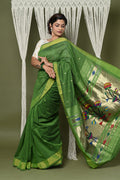 Very Much Indian EXCLUSIVE! Handloom Pure Cotton Paithani With Peacock Pallu - Blade Green | Grocsy