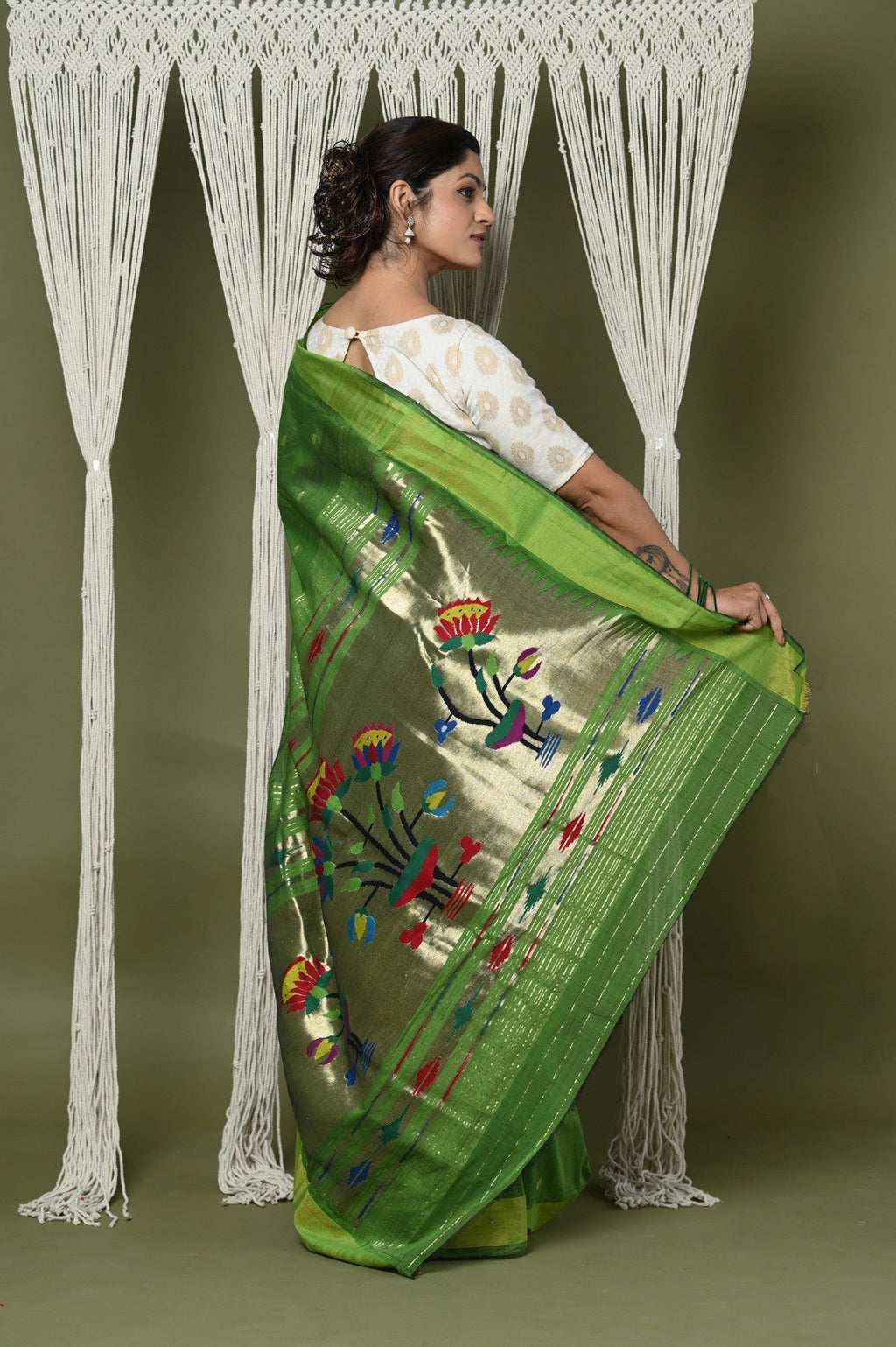 Very Much Indian EXCLUSIVE! Handloom Pure Cotton Paithani With Peacock Pallu - Blade Green | Grocsy