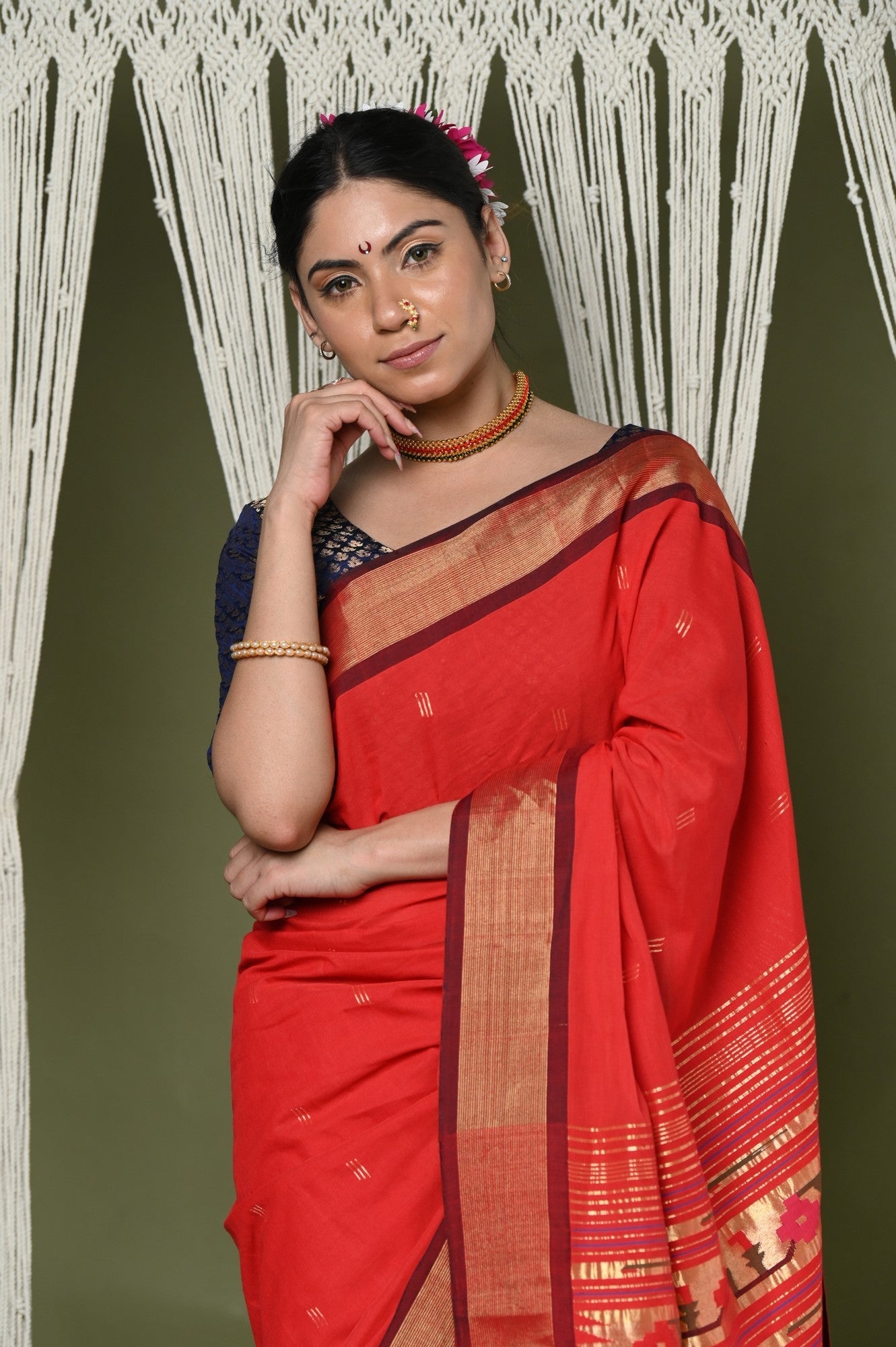 Very Much Indian EXCLUSIVE! Handloom Pure Cotton Paithani With Asawali Pallu - Bright Red | Grocsy