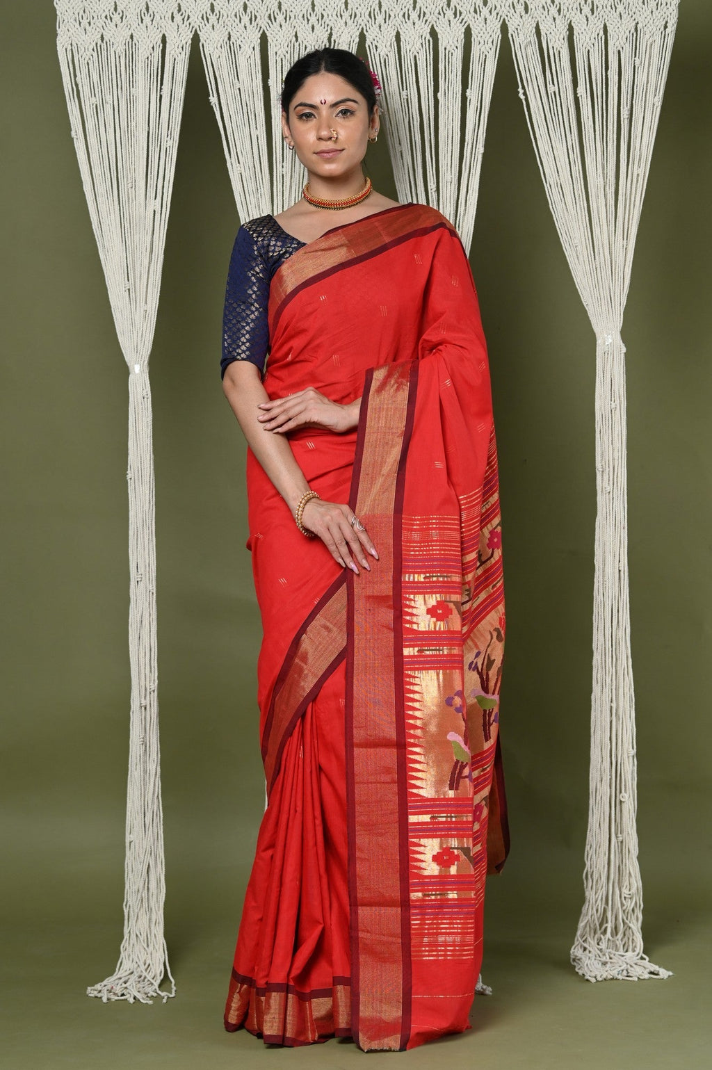 Very Much Indian EXCLUSIVE! Handloom Pure Cotton Paithani With Asawali Pallu - Bright Red | Grocsy