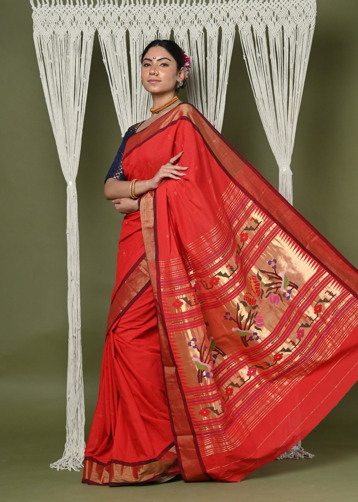 Very Much Indian EXCLUSIVE! Handloom Pure Cotton Paithani With Asawali Pallu - Bright Red | Grocsy