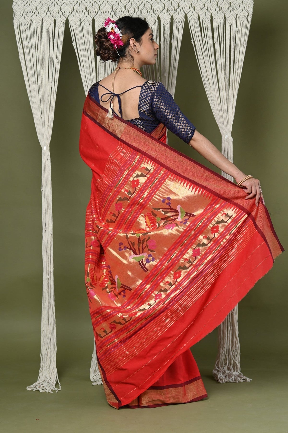 Very Much Indian EXCLUSIVE! Handloom Pure Cotton Paithani With Asawali Pallu - Bright Red | Grocsy