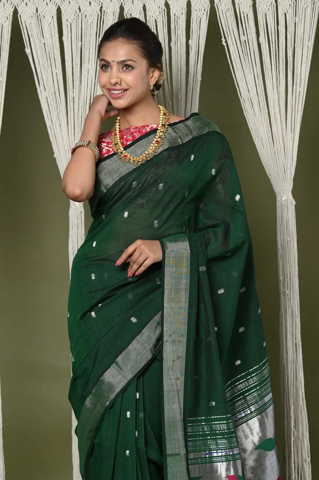 Very Much Indian EXCLUSIVE! Silver Zari Handloom Pure Cotton Paithani With Parrot Pallu - Forest Green | Grocsy