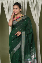 Very Much Indian EXCLUSIVE! Silver Zari Handloom Pure Cotton Paithani With Parrot Pallu - Forest Green | Grocsy