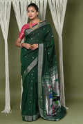 Very Much Indian EXCLUSIVE! Silver Zari Handloom Pure Cotton Paithani With Parrot Pallu - Forest Green | Grocsy