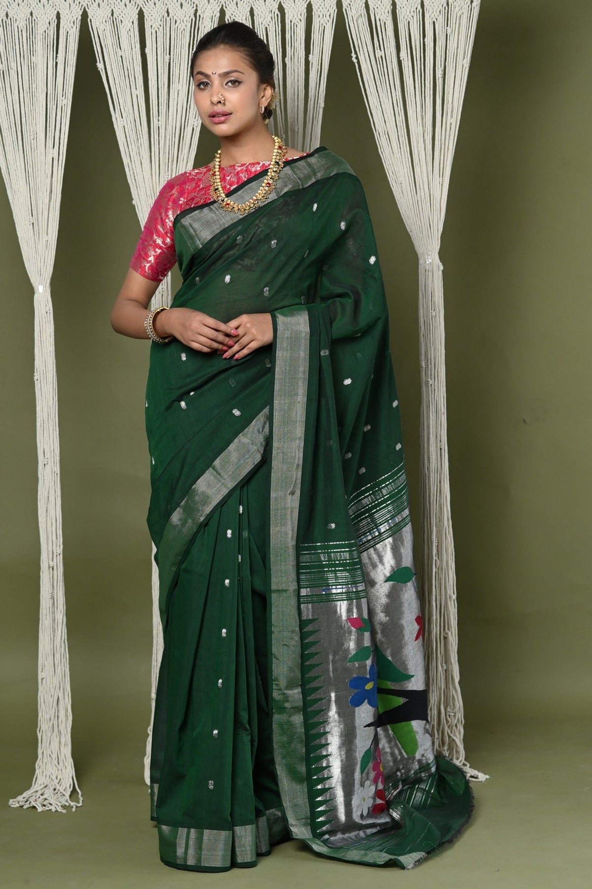 Very Much Indian EXCLUSIVE! Silver Zari Handloom Pure Cotton Paithani With Parrot Pallu - Forest Green | Grocsy