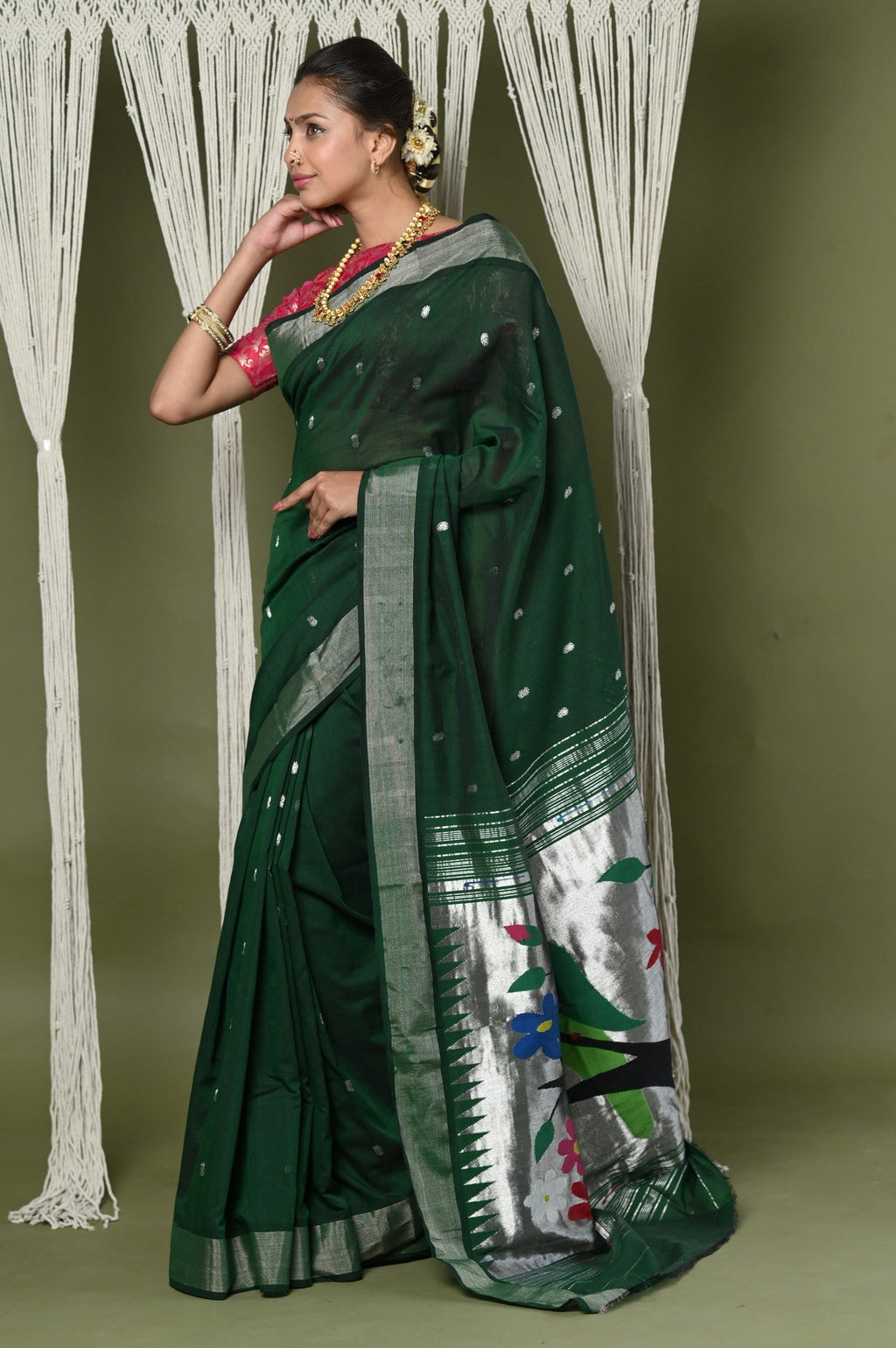 Very Much Indian EXCLUSIVE! Silver Zari Handloom Pure Cotton Paithani With Parrot Pallu - Forest Green | Grocsy
