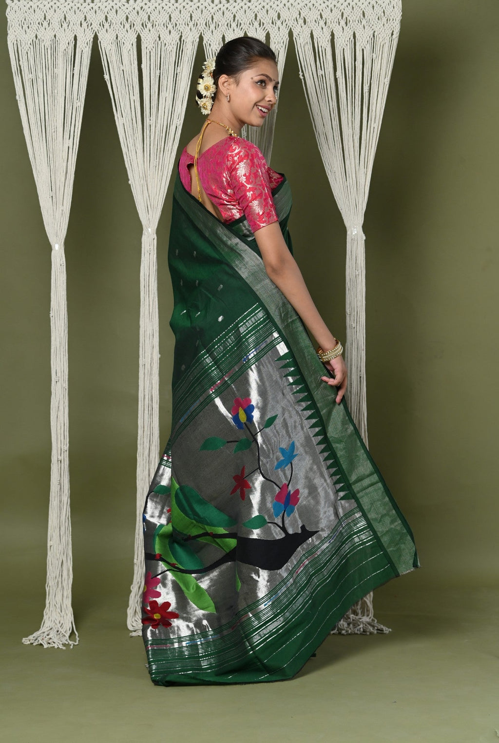 Very Much Indian EXCLUSIVE! Silver Zari Handloom Pure Cotton Paithani With Parrot Pallu - Forest Green | Grocsy
