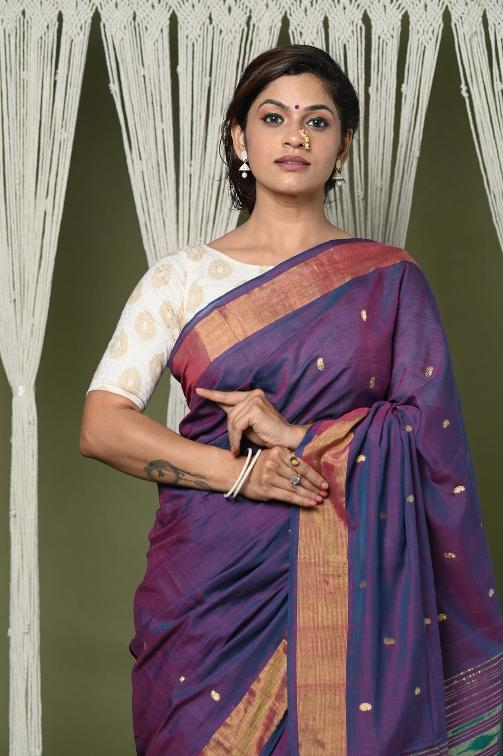 Very Much Indian EXCLUSIVE! Handloom Pure Cotton Paithani With Lotus Pallu - Dark Violet | Grocsy