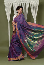 Very Much Indian EXCLUSIVE! Handloom Pure Cotton Paithani With Lotus Pallu - Dark Violet | Grocsy