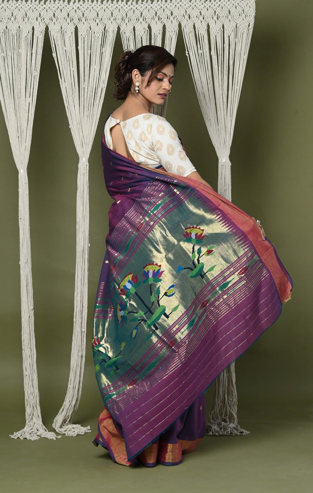 Very Much Indian EXCLUSIVE! Handloom Pure Cotton Paithani With Lotus Pallu - Dark Violet | Grocsy
