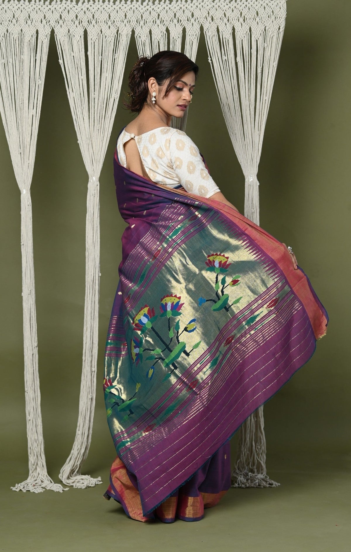 Very Much Indian EXCLUSIVE! Handloom Pure Cotton Paithani With Lotus Pallu - Dark Violet | Grocsy
