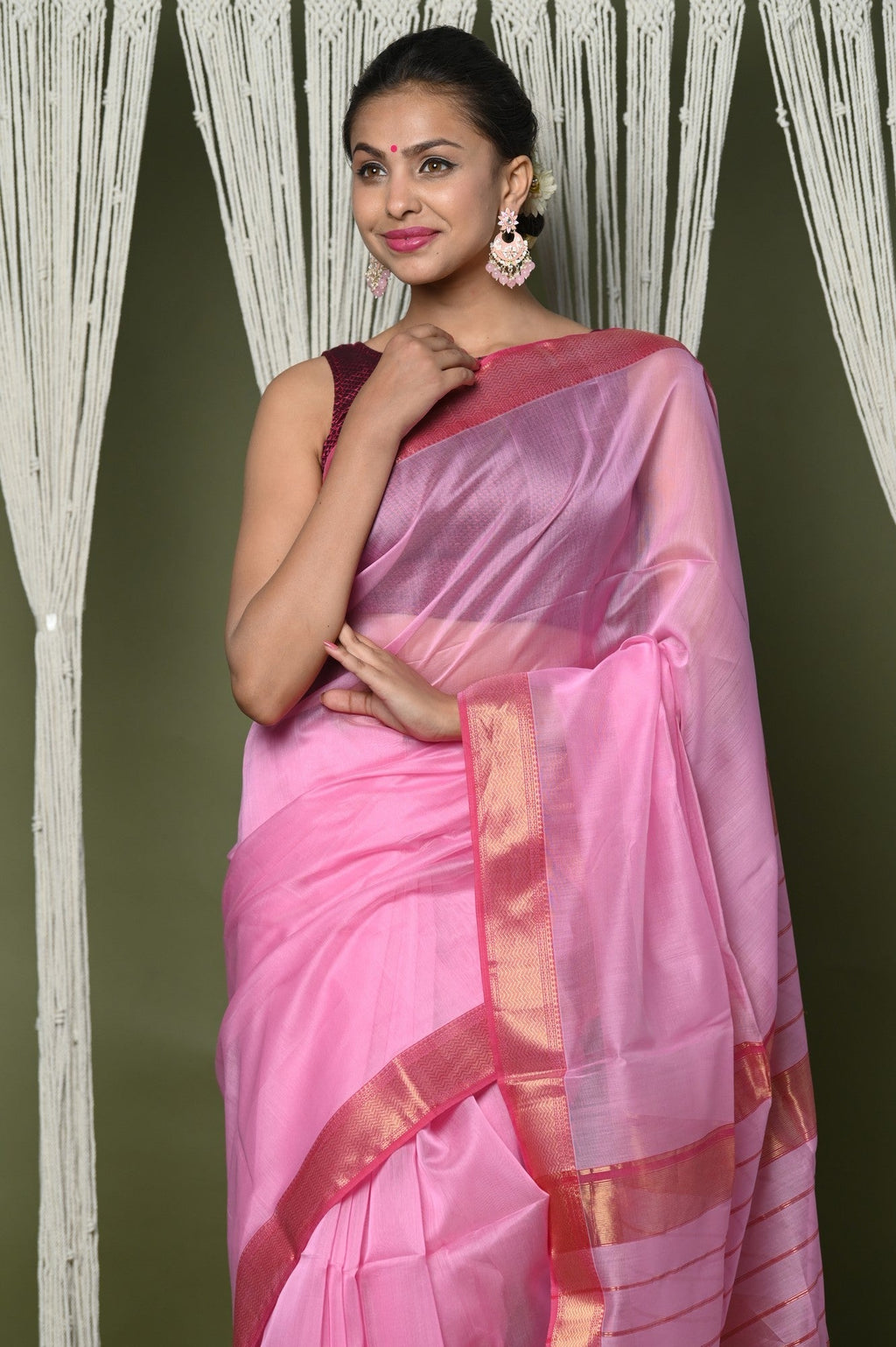 Very Much Indian Handloom Cotton Silk Saree With Sleek Golden Border - rose pink | Grocsy