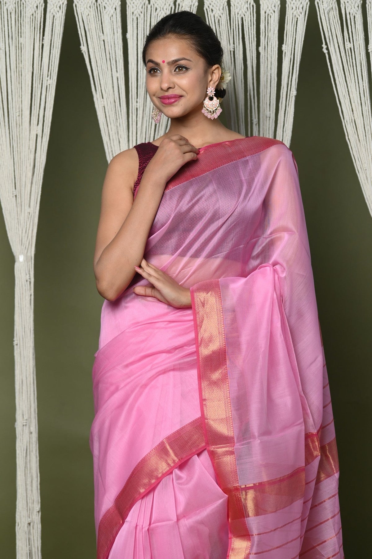 Very Much Indian Handloom Cotton Silk Saree With Sleek Golden Border - rose pink | Grocsy