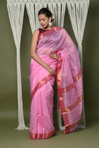 Very Much Indian Handloom Cotton Silk Saree With Sleek Golden Border - rose pink | Grocsy