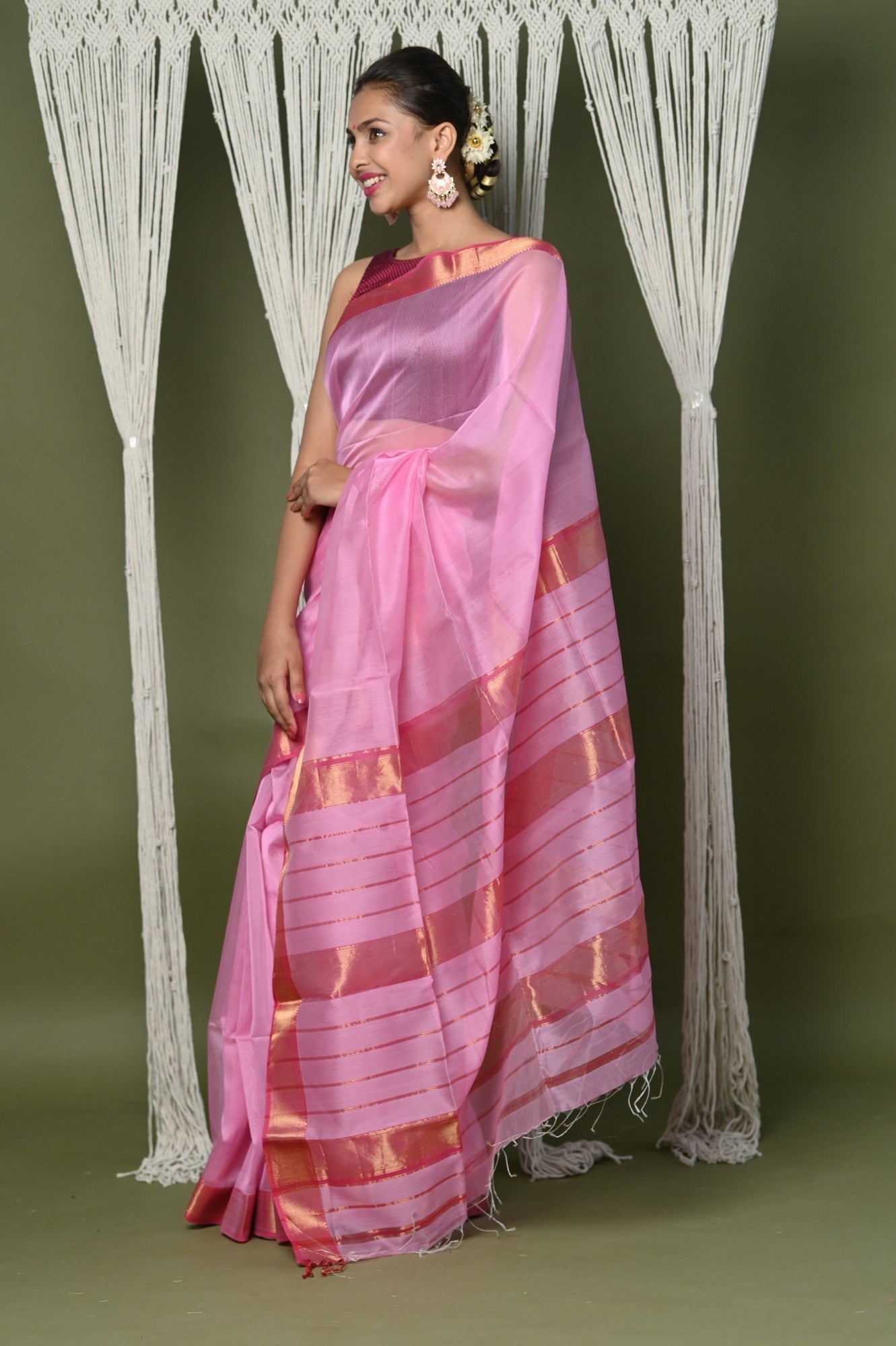Very Much Indian Handloom Cotton Silk Saree With Sleek Golden Border - rose pink | Grocsy
