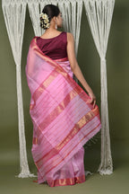 Very Much Indian Handloom Cotton Silk Saree With Sleek Golden Border - rose pink | Grocsy
