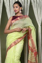 Very Much Indian Handloom Cotton Silk Saree With Sleek Golden Border - chartreuse green | Grocsy