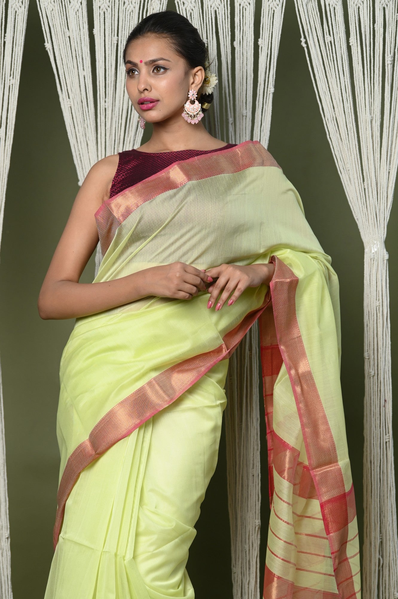 Very Much Indian Handloom Cotton Silk Saree With Sleek Golden Border - chartreuse green | Grocsy