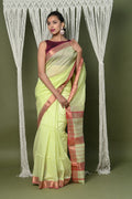 Very Much Indian Handloom Cotton Silk Saree With Sleek Golden Border - chartreuse green | Grocsy