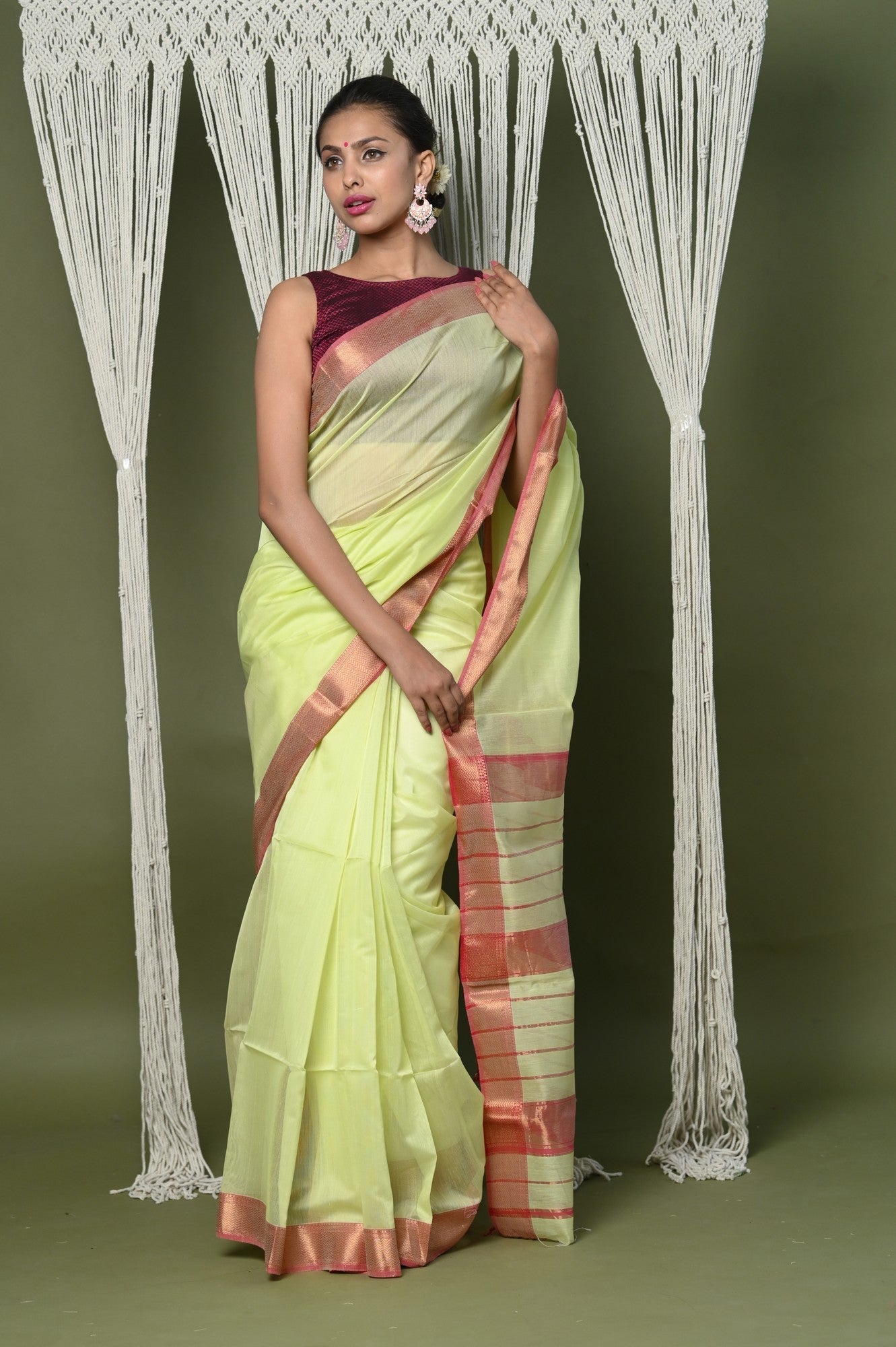 Very Much Indian Handloom Cotton Silk Saree With Sleek Golden Border - chartreuse green | Grocsy
