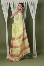 Very Much Indian Handloom Cotton Silk Saree With Sleek Golden Border - chartreuse green | Grocsy