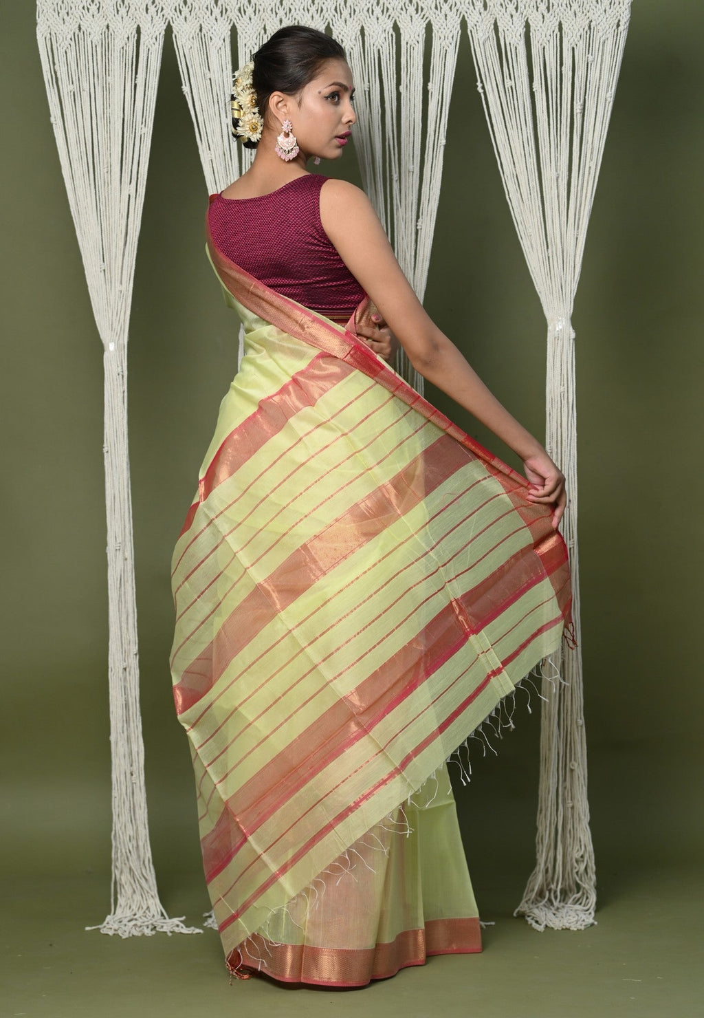 Very Much Indian Handloom Cotton Silk Saree With Sleek Golden Border - chartreuse green | Grocsy