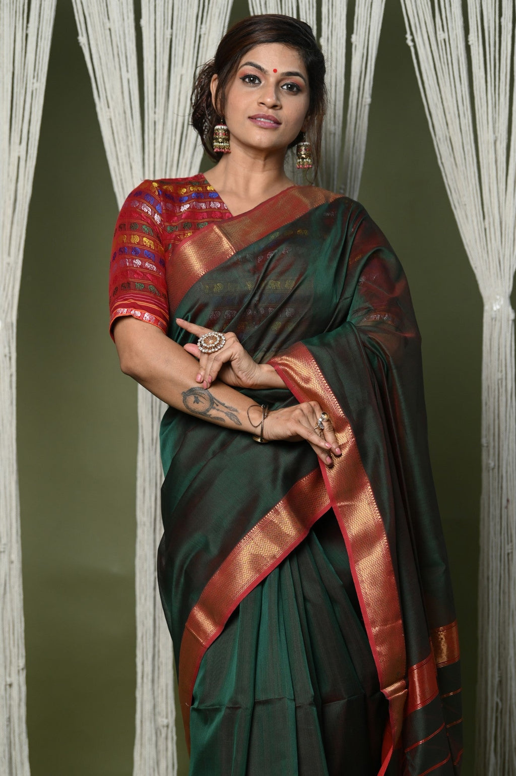 Very Much Indian Handloom Cotton Silk Saree With Sleek Golden Border - dark green | Grocsy