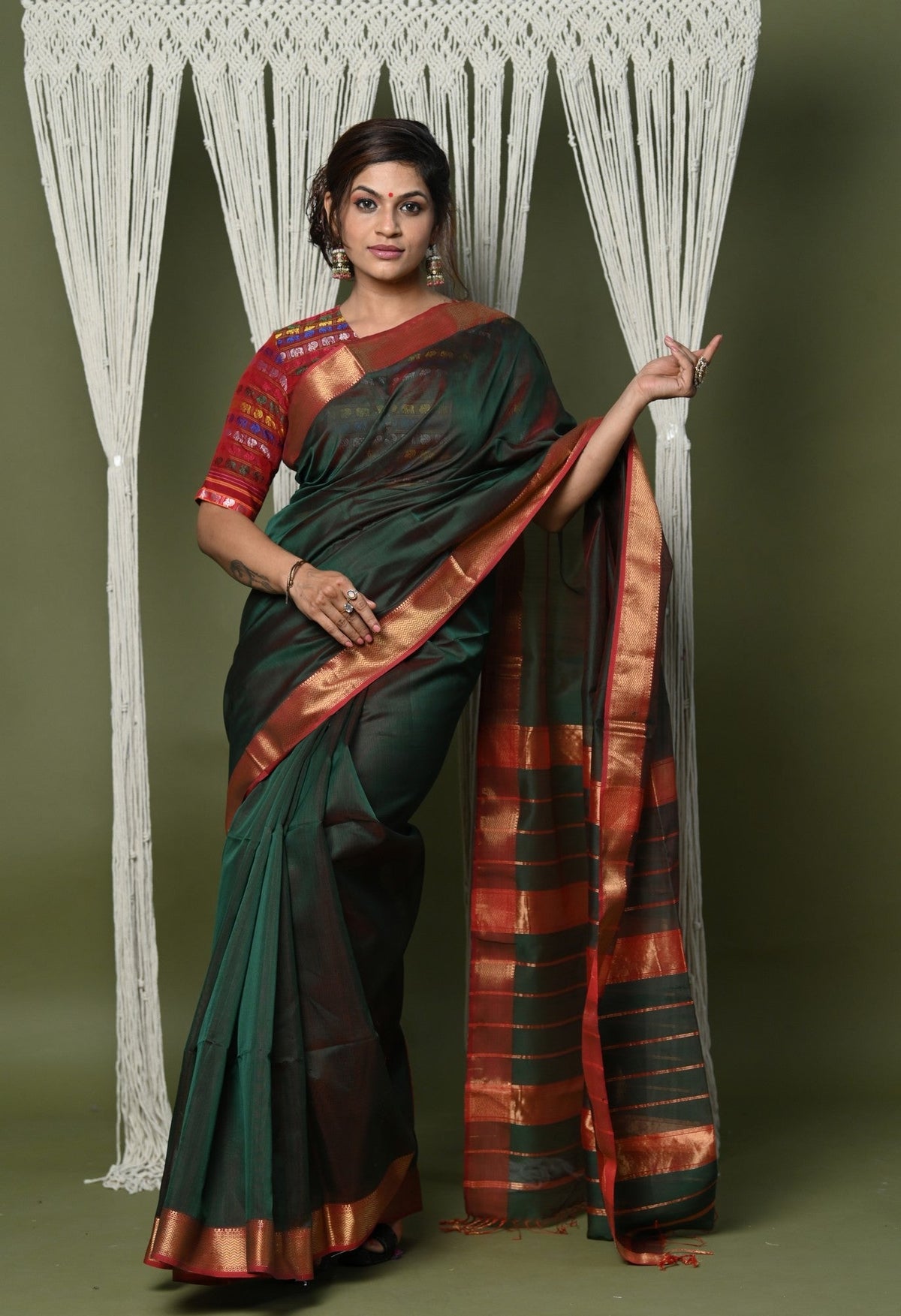 Very Much Indian Handloom Cotton Silk Saree With Sleek Golden Border - dark green | Grocsy
