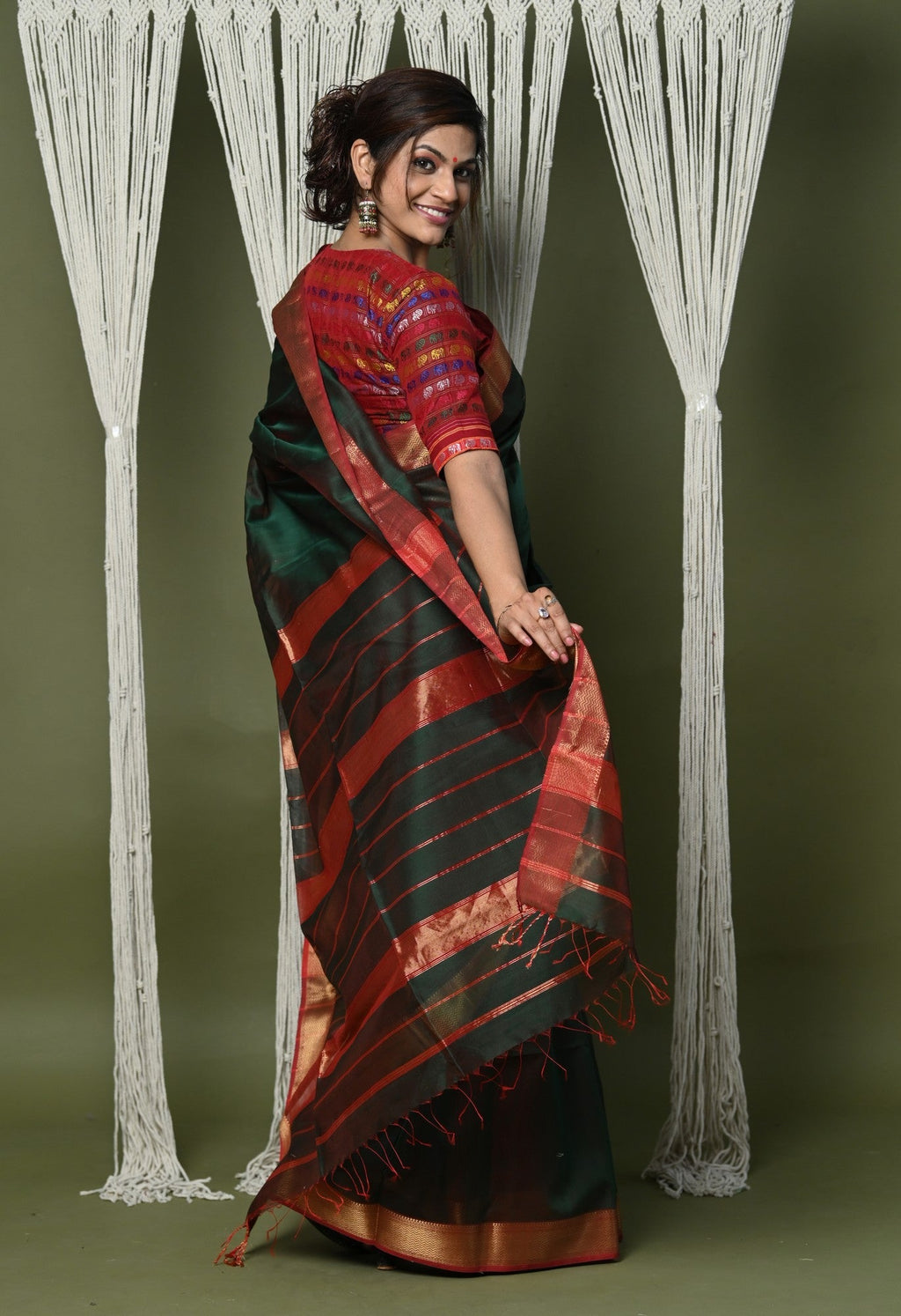 Very Much Indian Handloom Cotton Silk Saree With Sleek Golden Border - dark green | Grocsy