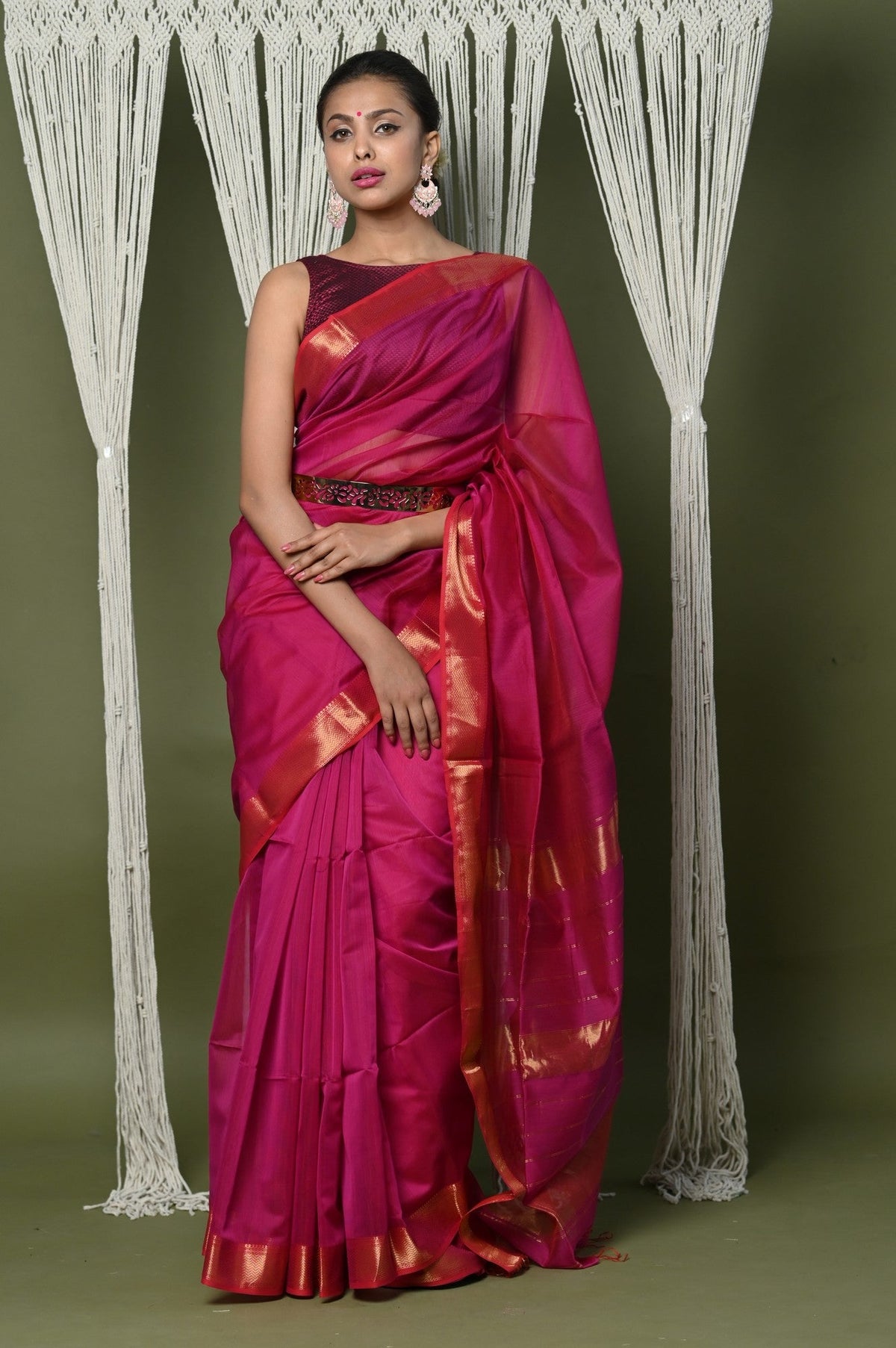 Very Much Indian Handloom Cotton Silk Saree With Sleek Golden Border - Red | Grocsy