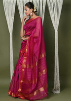 Very Much Indian Handloom Cotton Silk Saree With Sleek Golden Border - Red | Grocsy