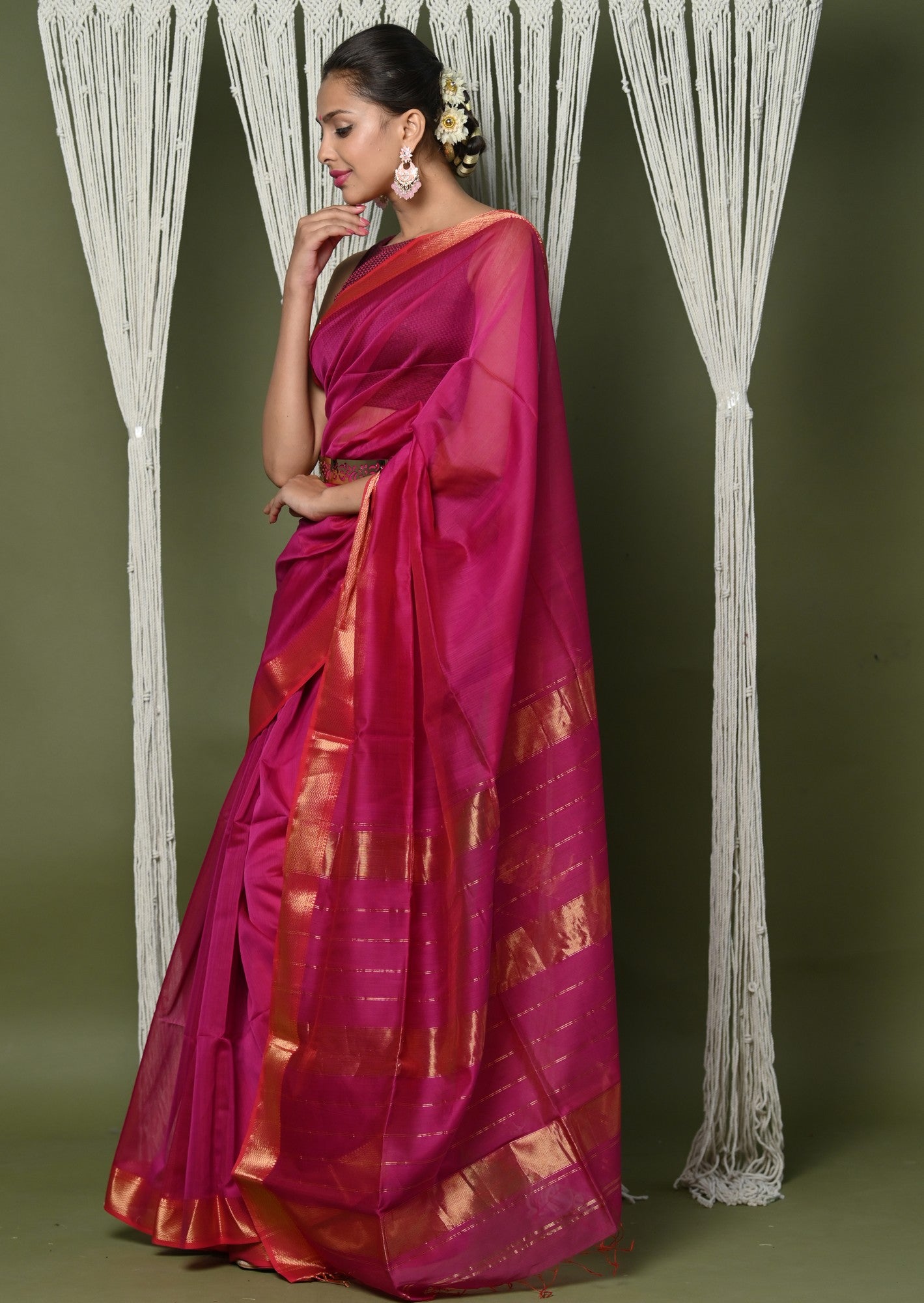 Very Much Indian Handloom Cotton Silk Saree With Sleek Golden Border - Red | Grocsy