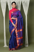 Very Much Indian Handloom Cotton Silk Saree With Sleek Golden Border - dark blue | Grocsy