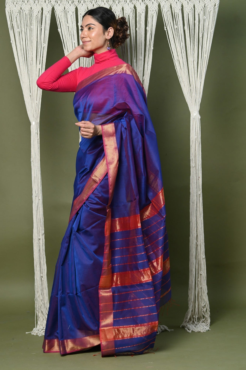 Very Much Indian Handloom Cotton Silk Saree With Sleek Golden Border - dark blue | Grocsy