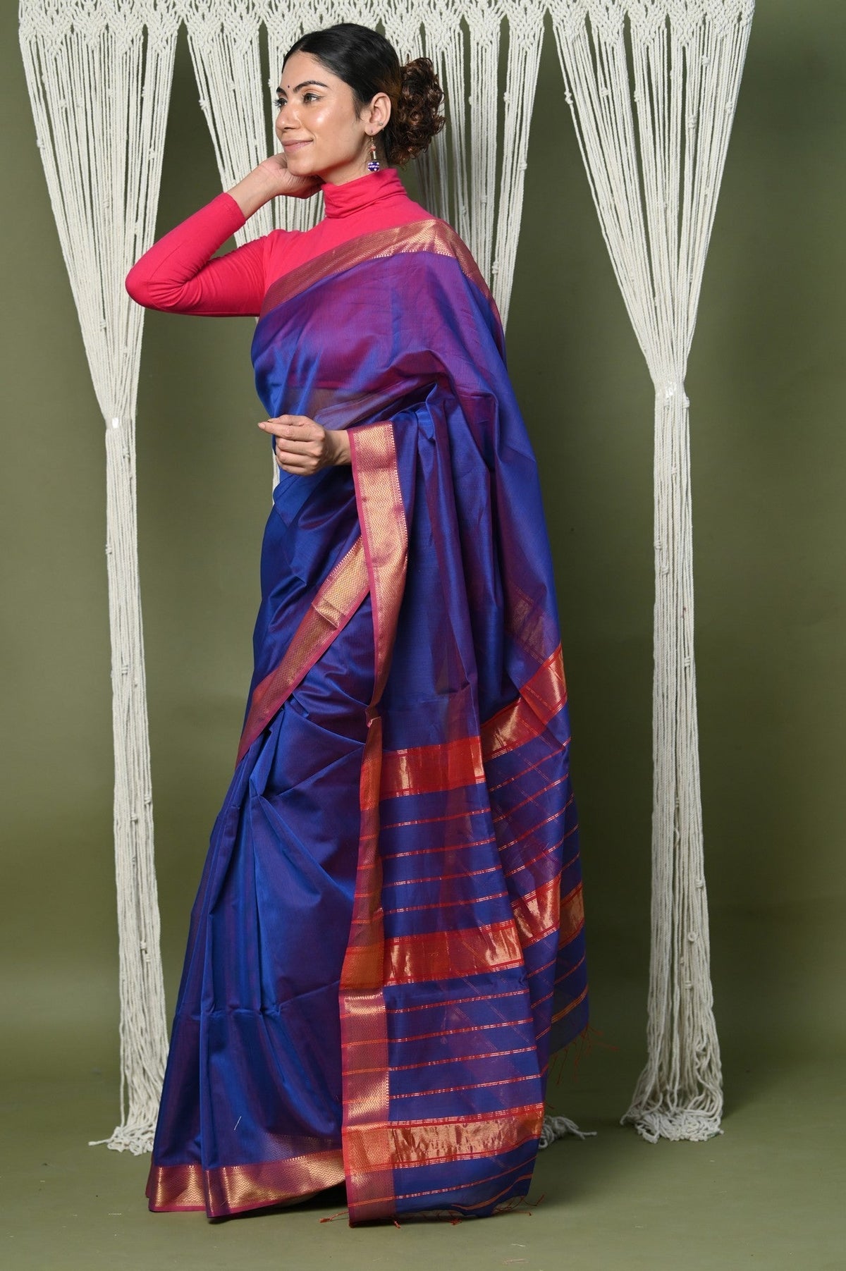 Very Much Indian Handloom Cotton Silk Saree With Sleek Golden Border - dark blue | Grocsy