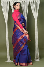 Very Much Indian Handloom Cotton Silk Saree With Sleek Golden Border - dark blue | Grocsy
