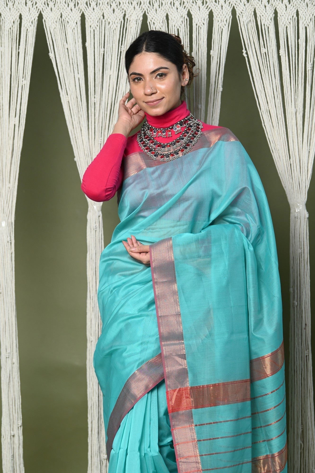 Very Much Indian Handloom Cotton Silk Saree With Sleek Golden Border - sky blue | Grocsy