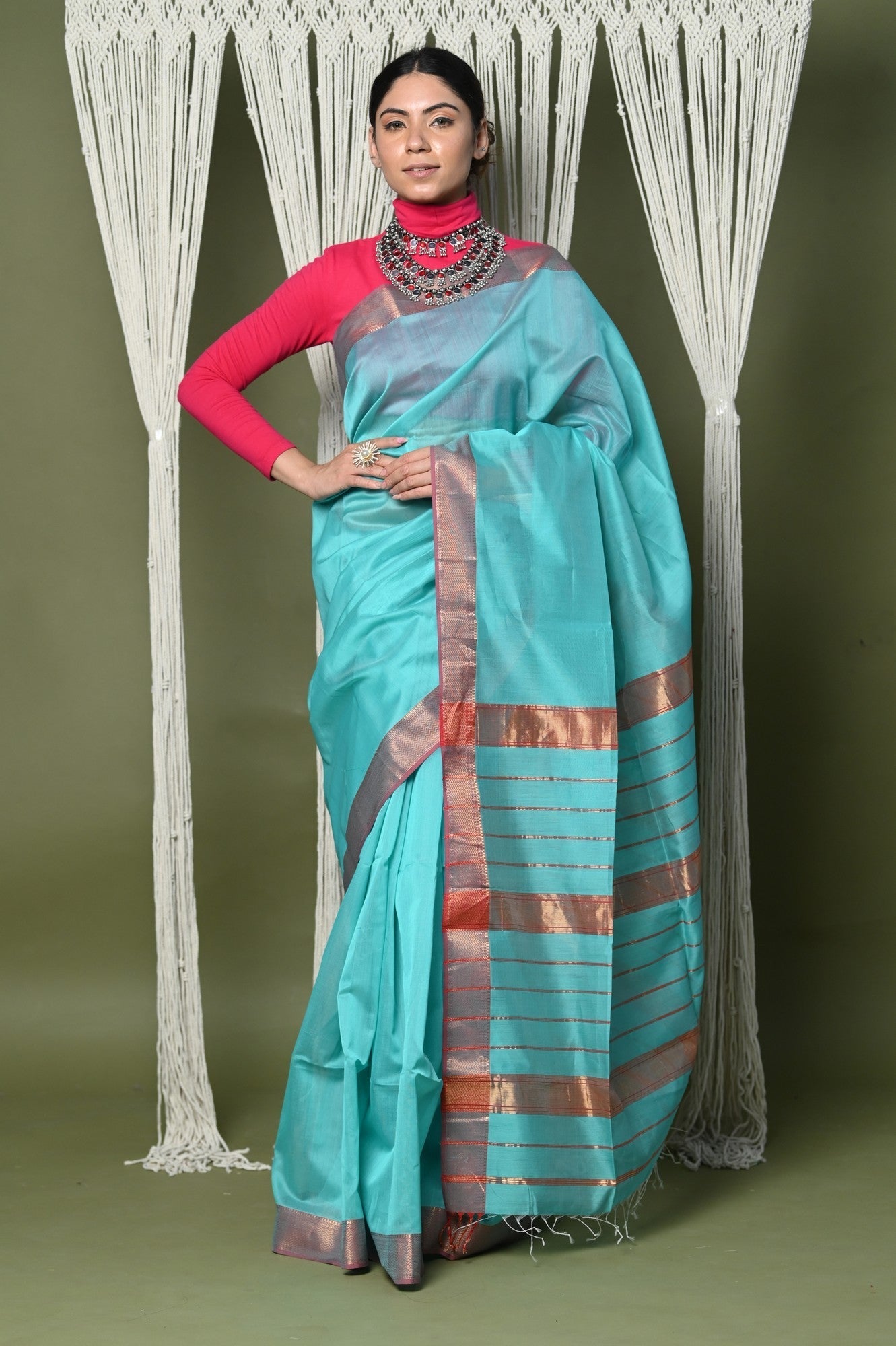 Very Much Indian Handloom Cotton Silk Saree With Sleek Golden Border - sky blue | Grocsy