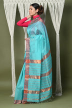 Very Much Indian Handloom Cotton Silk Saree With Sleek Golden Border - sky blue | Grocsy