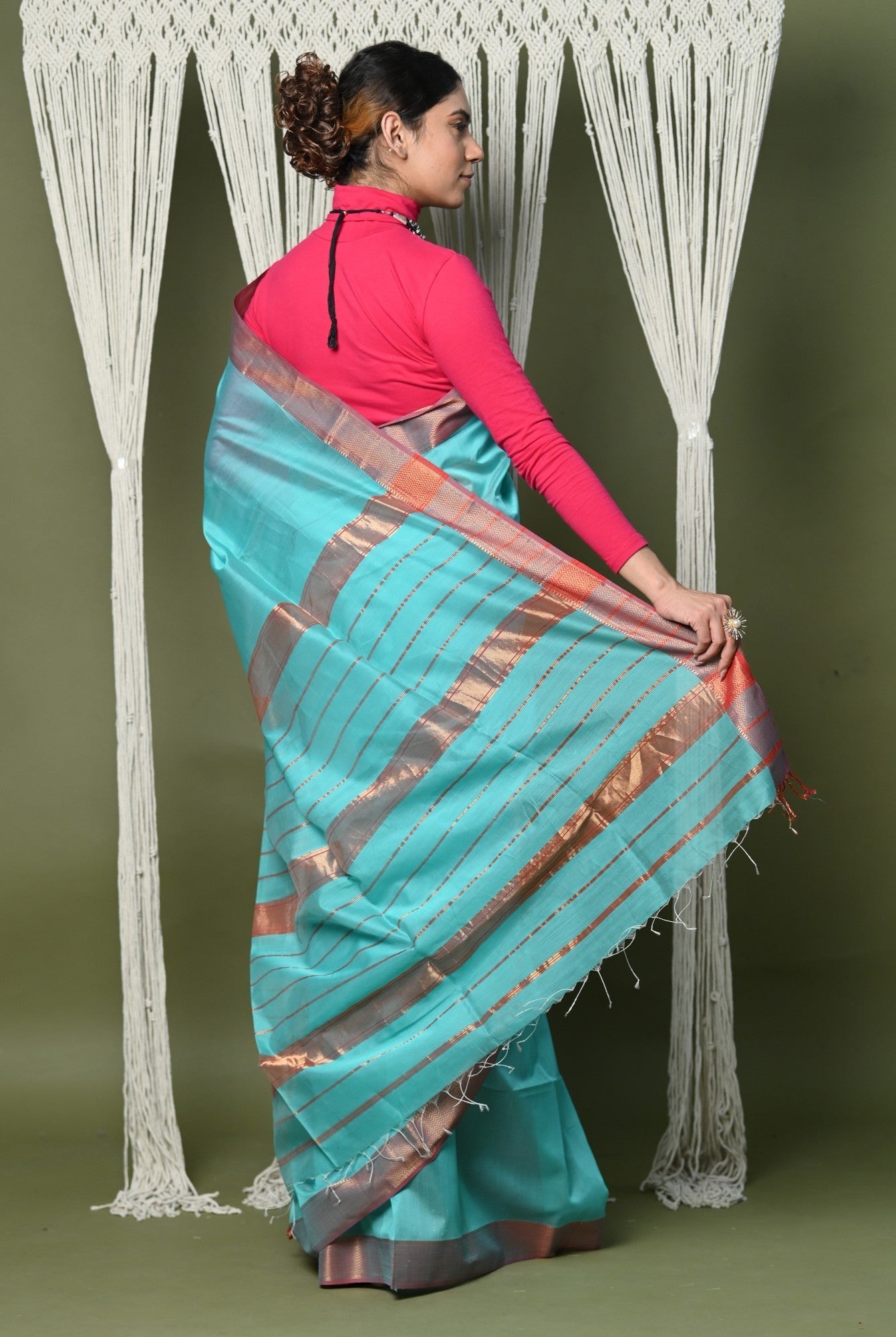 Very Much Indian Handloom Cotton Silk Saree With Sleek Golden Border - sky blue | Grocsy