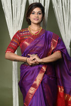 Very Much Indian Handloom Cotton Silk Saree With Sleek Golden Border - purple | Grocsy
